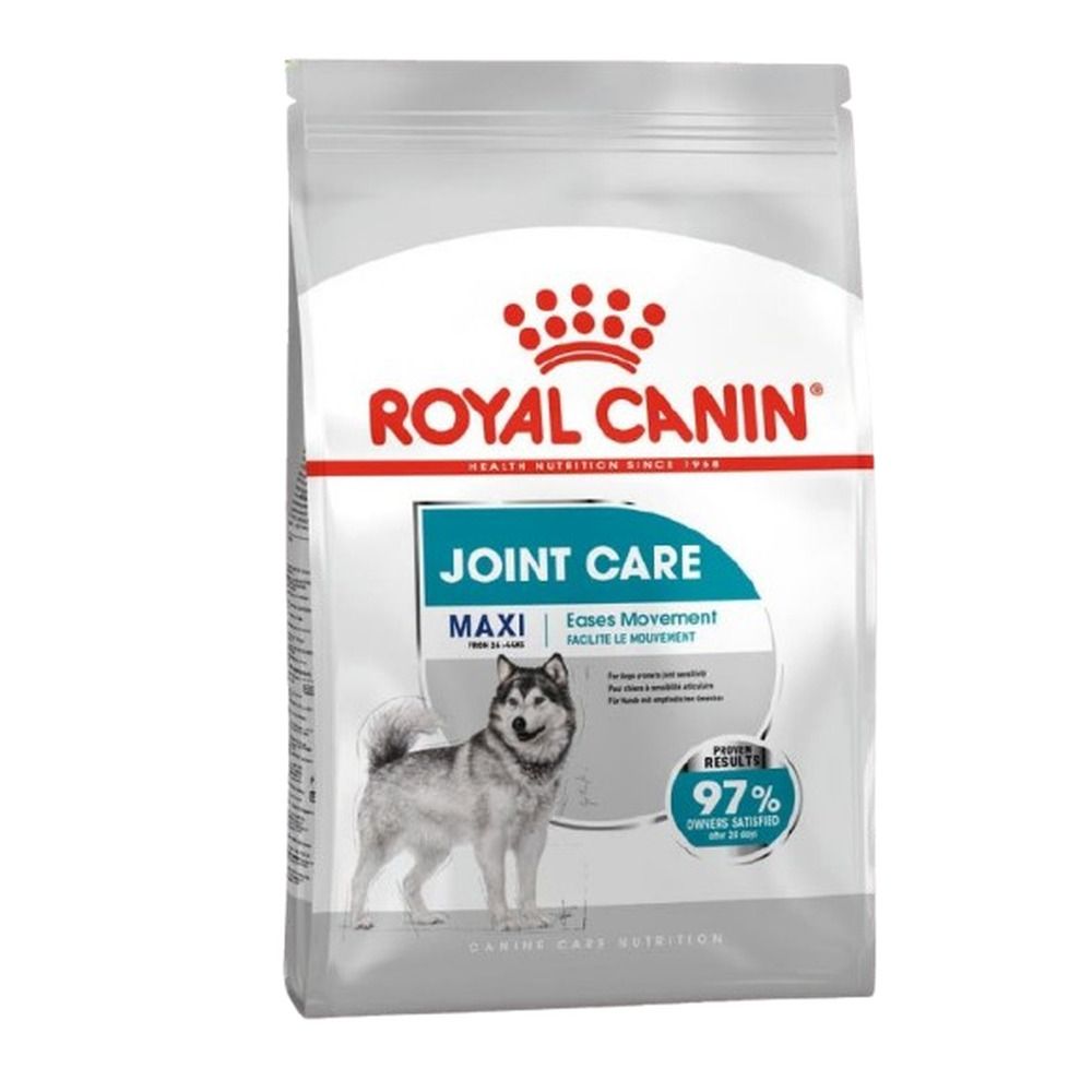 Royal Canin Maxi Joint Care hondenvoer zak, 10 kg. Toont een husky en "97% van de eigenaren tevreden".