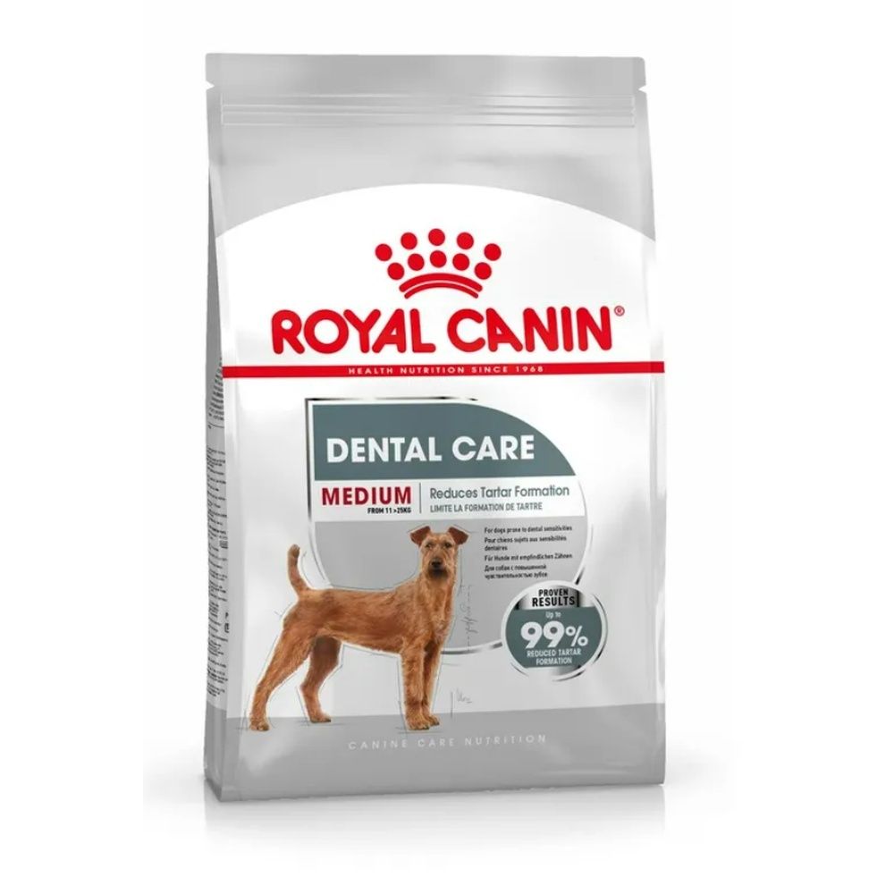 Zak hondenvoer Royal Canin MEDIUM DENTAL CARE 10kg met hondenafbeelding en productinformatie.