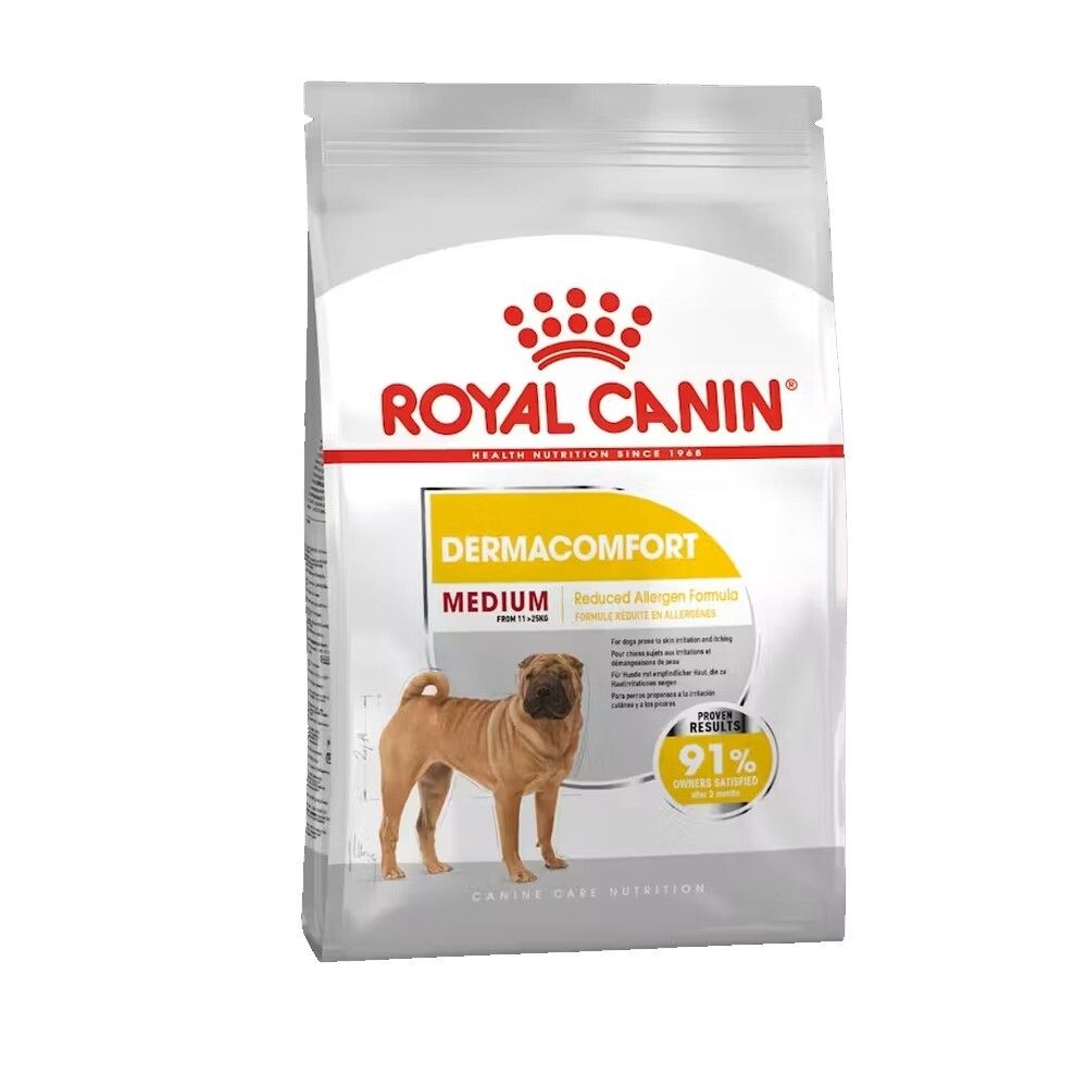 Royal Canin Dermacomfort Medium hondenvoer verpakking met een afbeelding van een Shar-Pei hond.