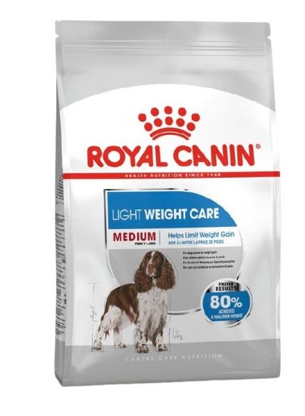 Royal Canin MEDIUM LIGHT WEIGHT CARE hondenvoer met afbeelding van hond en indicatie gewichtsbeheersing.