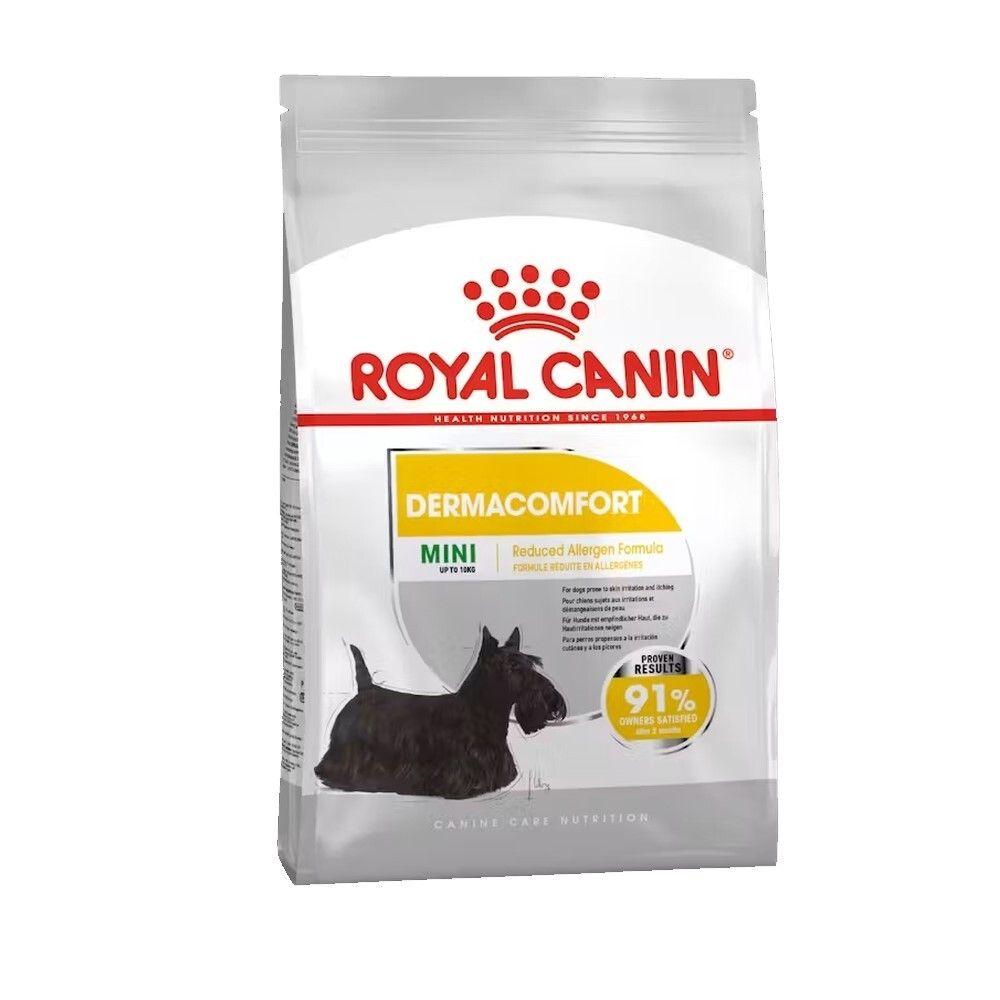 Sac de croquettes Royal Canin Dermacomfort Mini pour chien, avec illustration de terrier et 91% de succès.