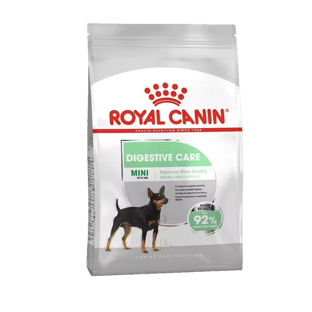 Royal Canin hondenvoerzak voor kleine honden met spijsverteringsproblemen. Toont een hond en 92% positieve resultaten.