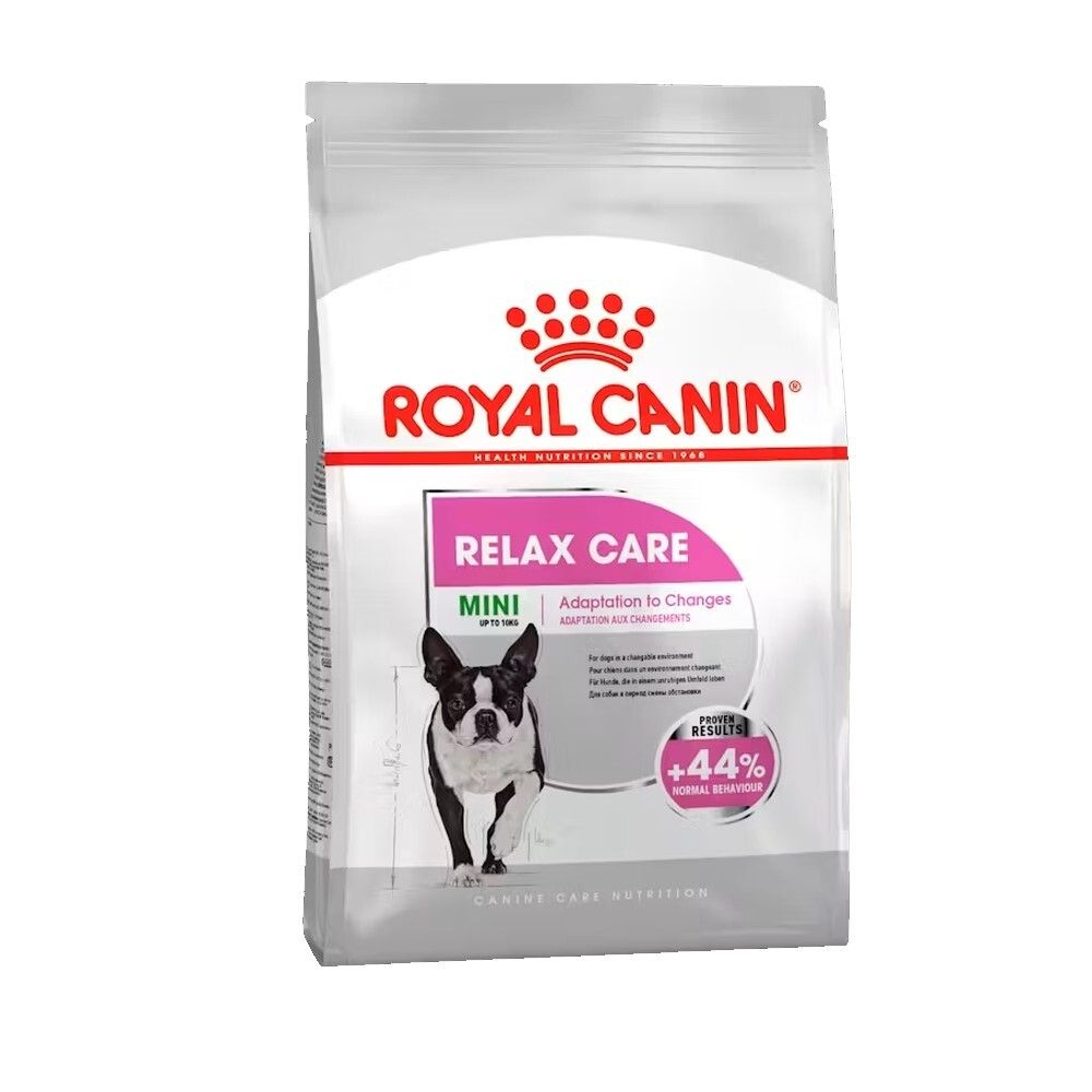 Royal Canin Relax Care Mini hondenvoer verpakking met Boston Terrier afbeelding.