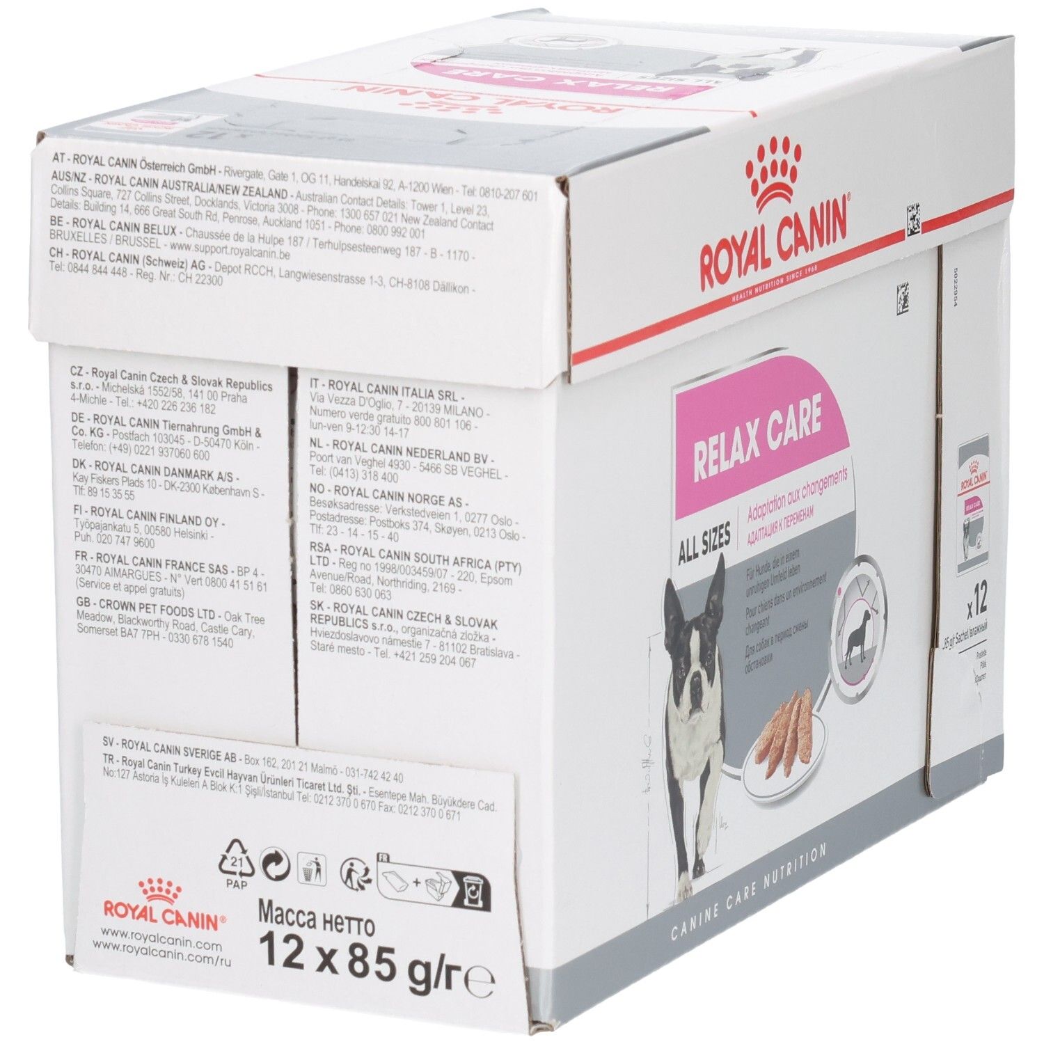 Achterkant van de Royal Canin Relax Care doos met adreslijst en productinformatie.