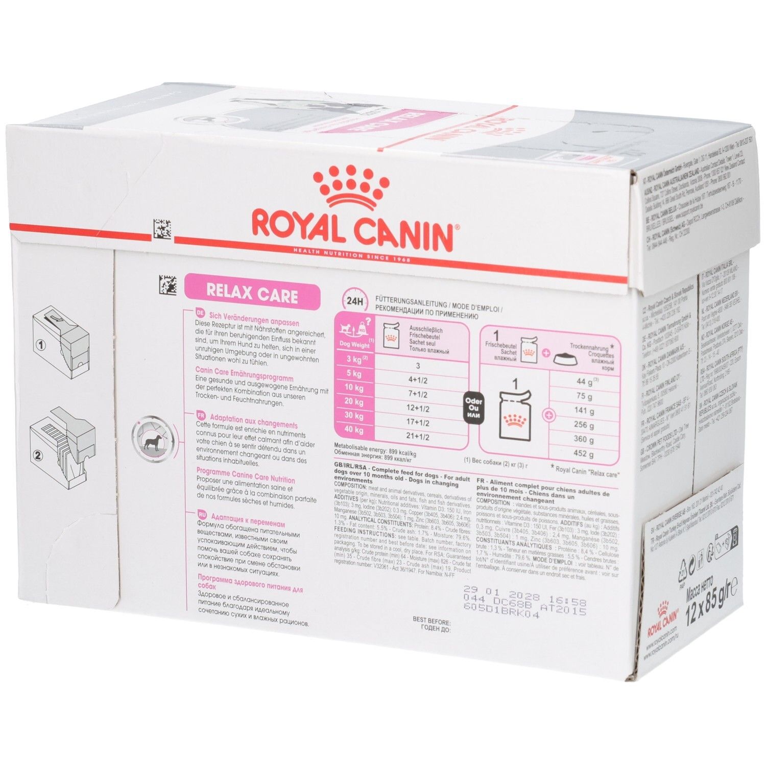 Zijaanzicht van de Royal Canin Relax Care doos met voeradviezen.