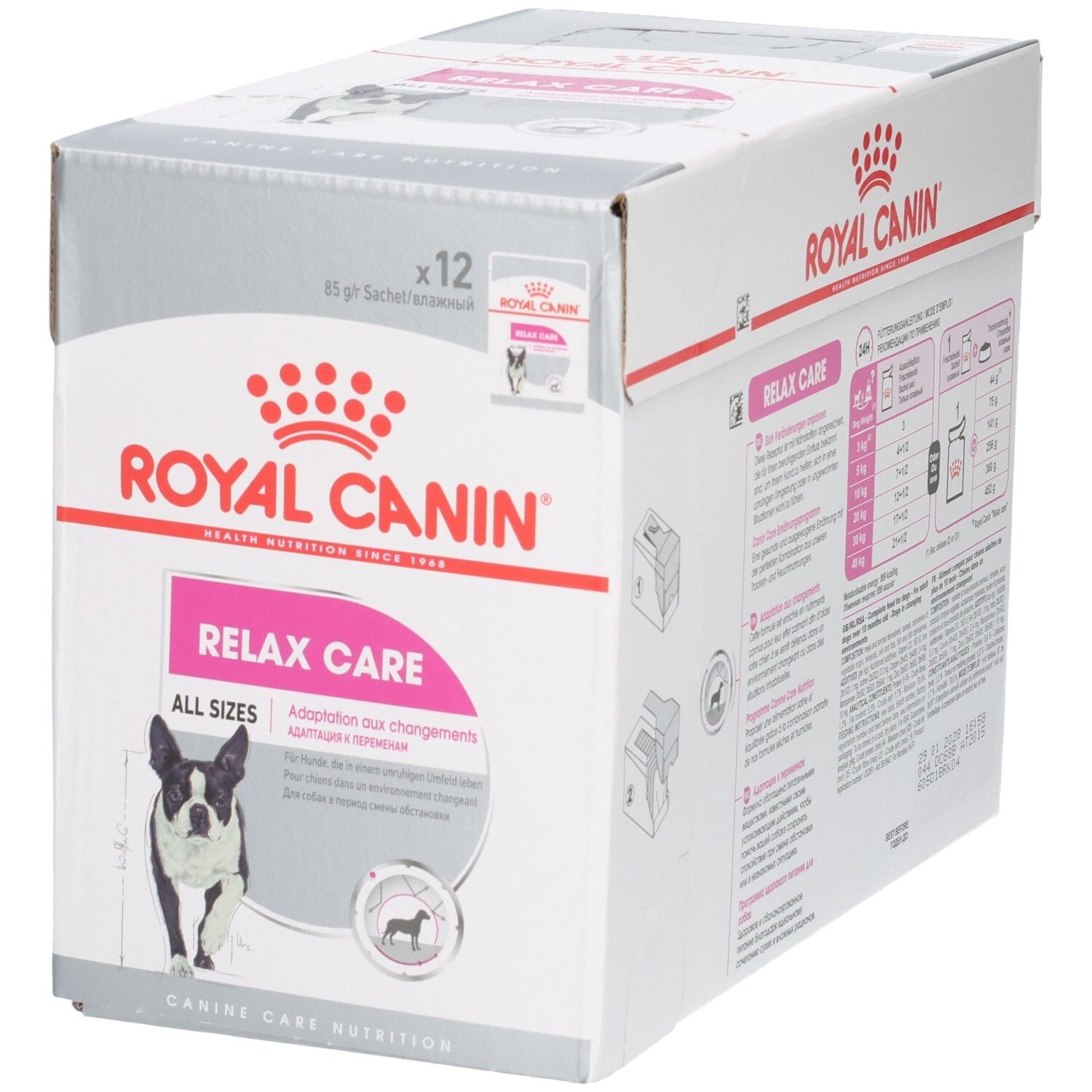 Voorkant van de Royal Canin Relax Care doos met hondenafbeelding en productinformatie.