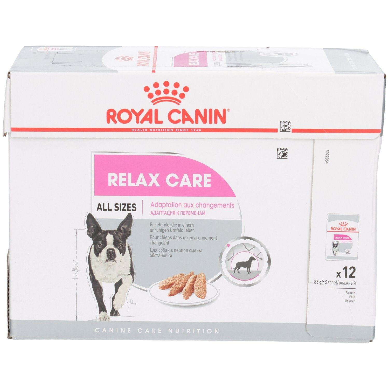 Royal Canin Relax Care doos met 12 zakjes, alle maten, met hond en voer.