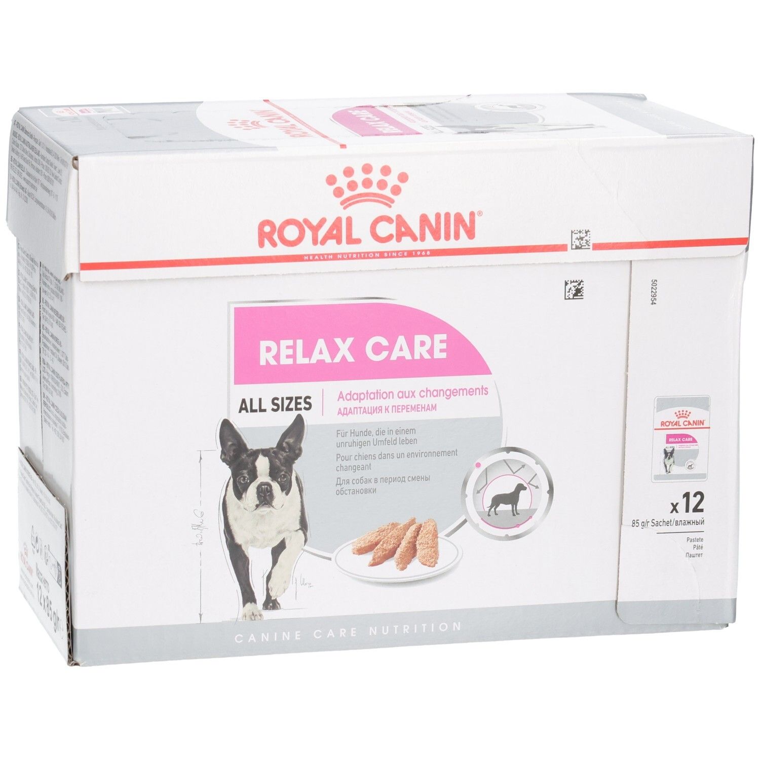 Royal Canin Relax Care doos met 12 zakjes, alle maten, met hond en voer.