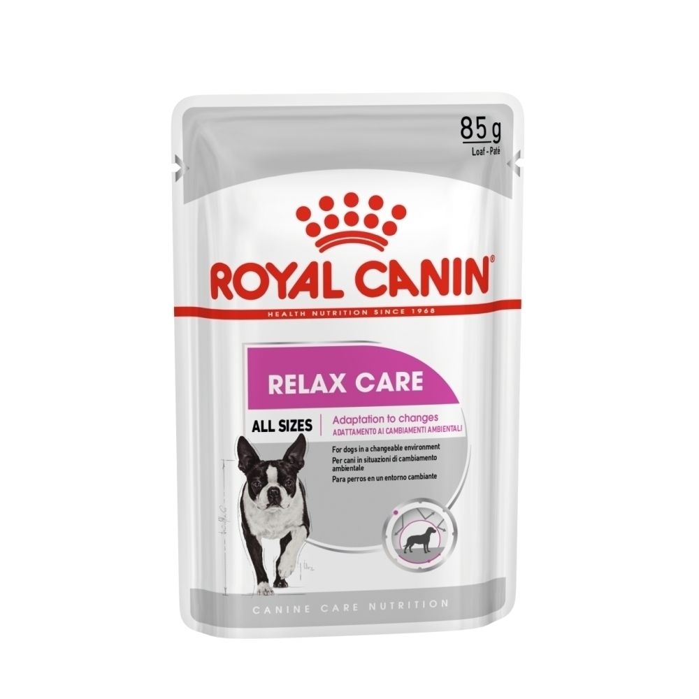 Royal Canin Relax Care hondenvoerzakje, 85g. Met afbeelding van Boston Terriër.