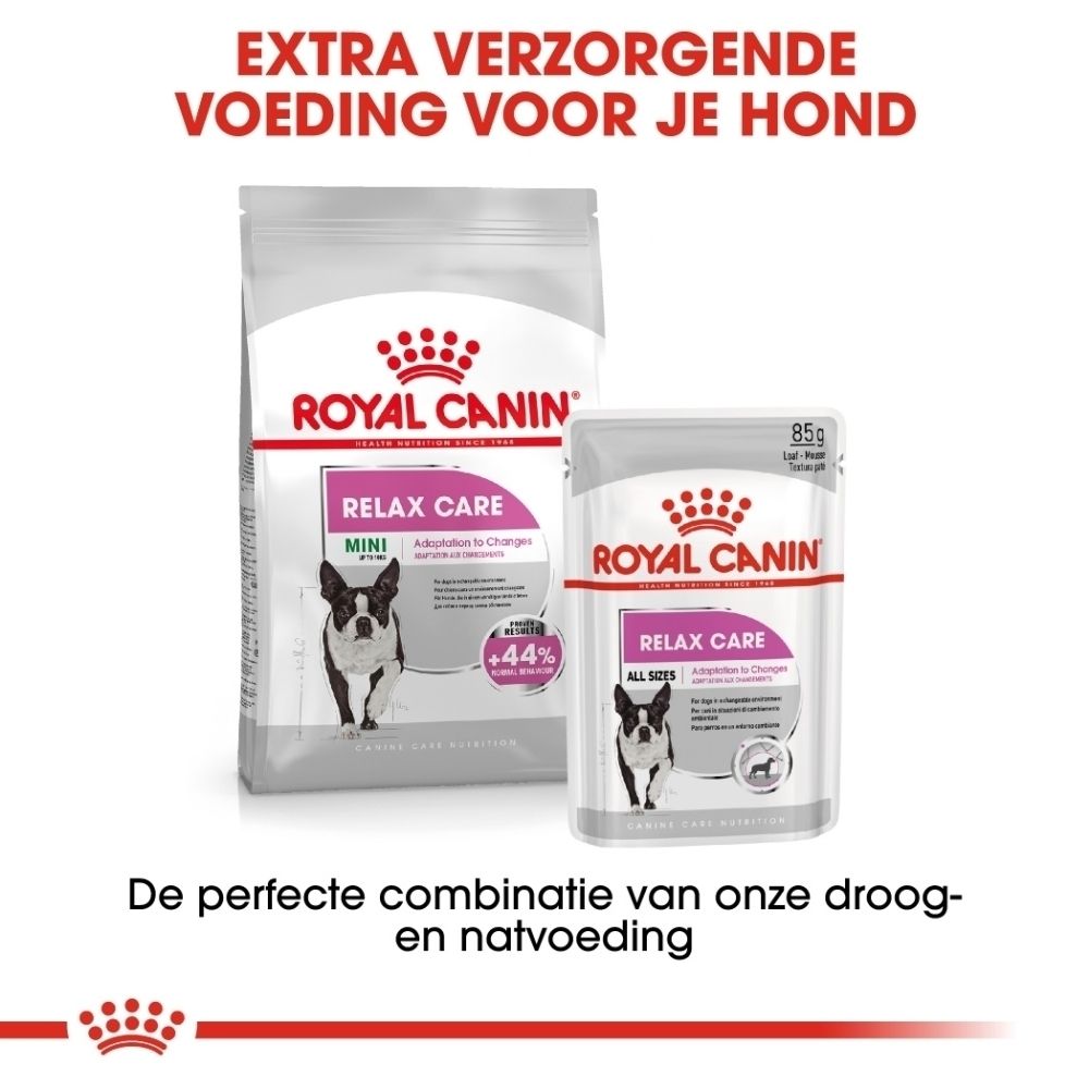 Royal Canin Relax Care hondenvoer: verpakkingen droog- en natvoer met hondafbeelding en productinformatie.