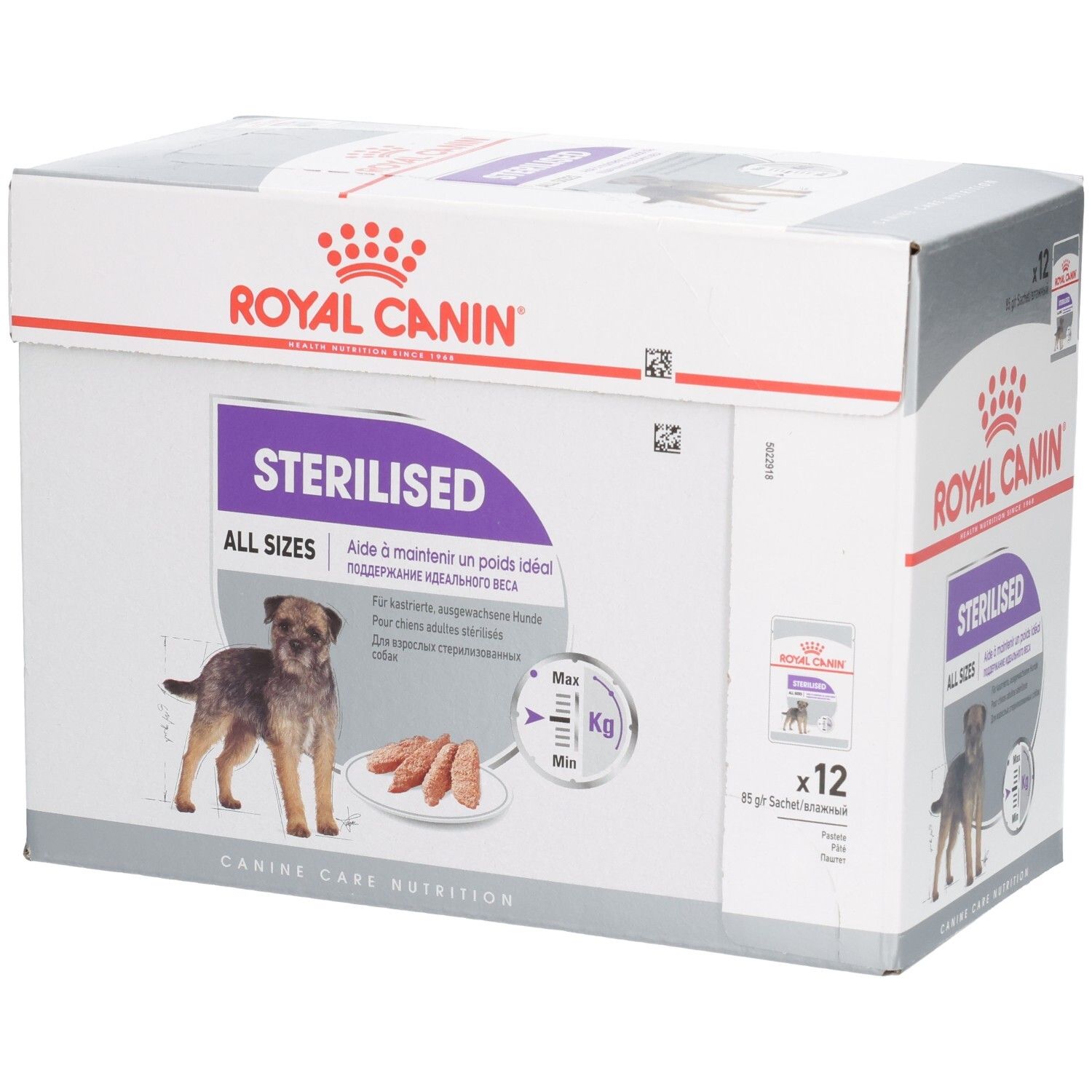 Royal Canin Sterilised All Sizes hondenvoerdoos met 12 x 85g zakjes. Toont een hond en een bakje met voer.