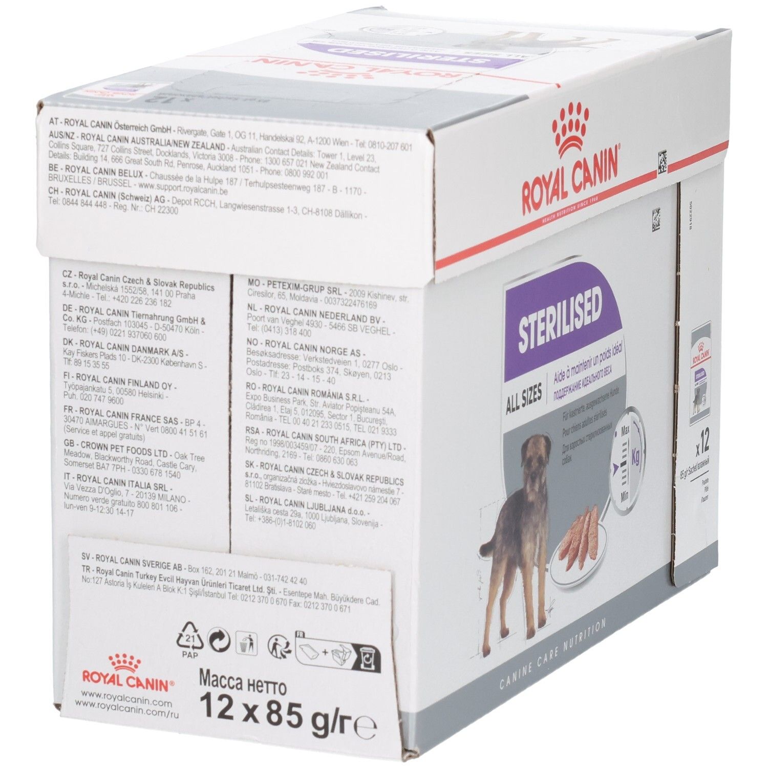 Achterkant van de Royal Canin Sterilised All Sizes hondenvoerdoos met adresinformatie en productkenmerken.