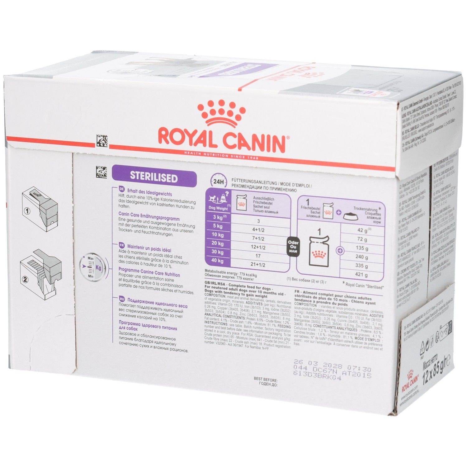 Zijaanzicht van de Royal Canin Sterilised All Sizes hondenvoerdoos met voeradviezen en productinformatie.