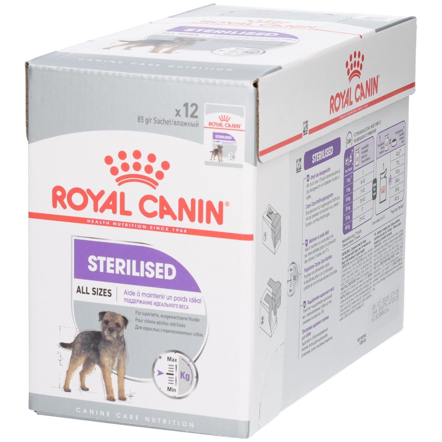 Voorkant van de Royal Canin Sterilised All Sizes hondenvoerdoos met productafbeelding en merknaam.
