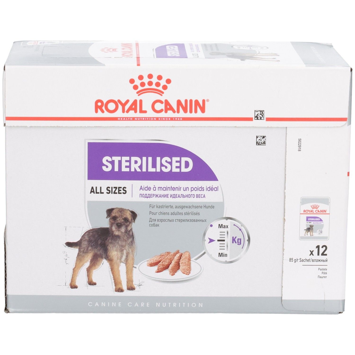 Royal Canin Sterilised All Sizes hondenvoerdoos, vooraanzicht met hondenafbeelding en productkenmerken.