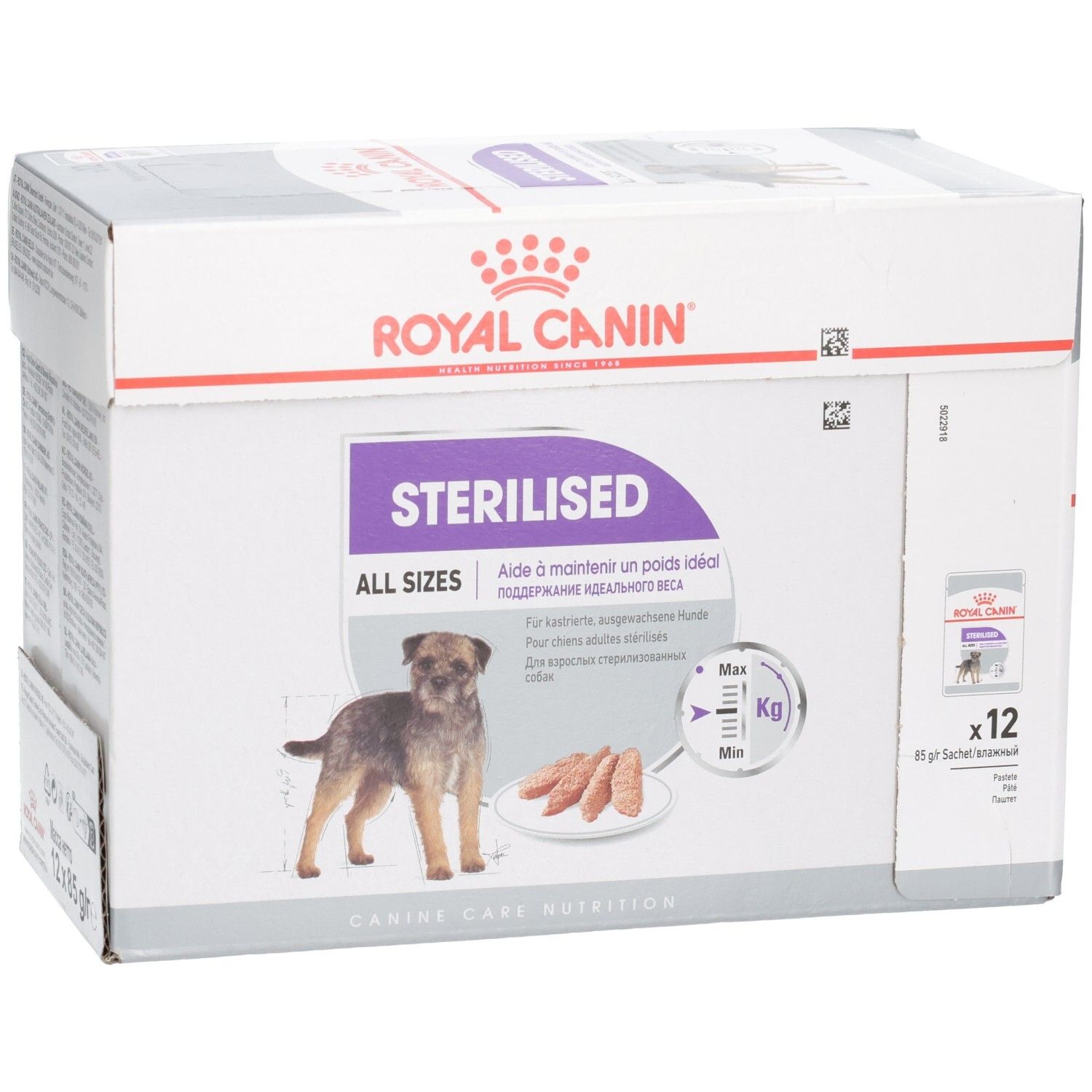 Royal Canin Sterilised All Sizes hondenvoerdoos, schuin vooraanzicht met productafbeelding en merknaam.