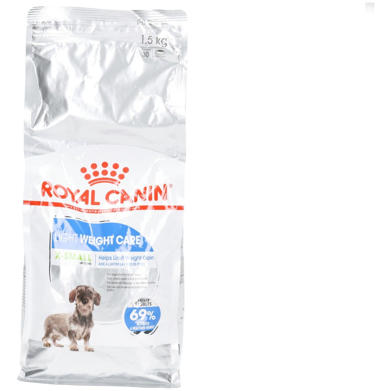 Royal Canin X-SMALL LIGHT WEIGHT CARE 1.5 kg hondenvoer verpakking met hondafbeelding en productinformatie.