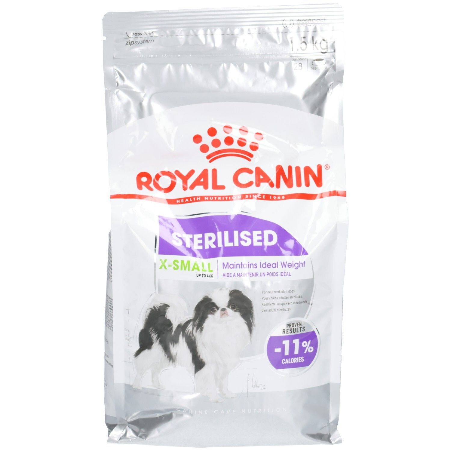 Royal Canin Sterilised X-Small hondenvoer, zak met hondenafbeelding en calorieënreductie.