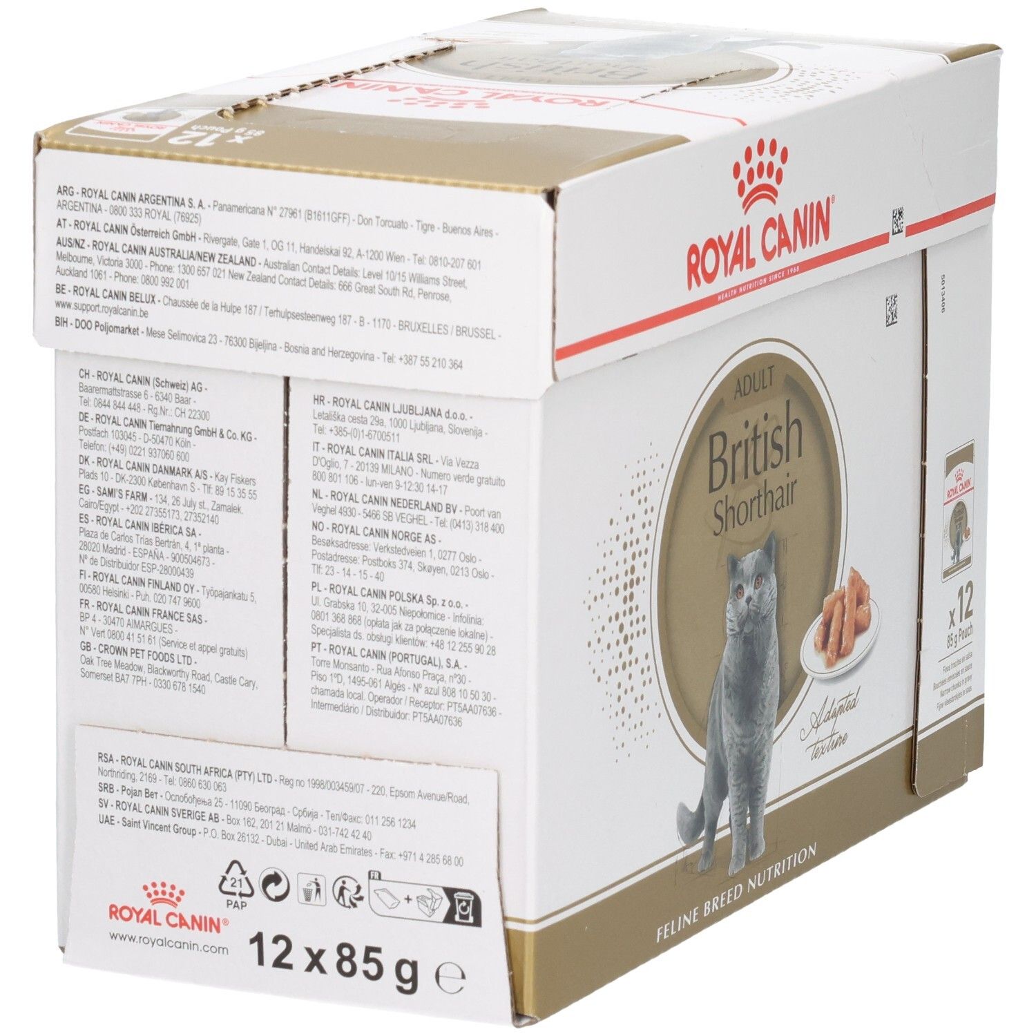 Achterkant van de Royal Canin British Shorthair Adult kattenvoerdoos met voerinstructies.