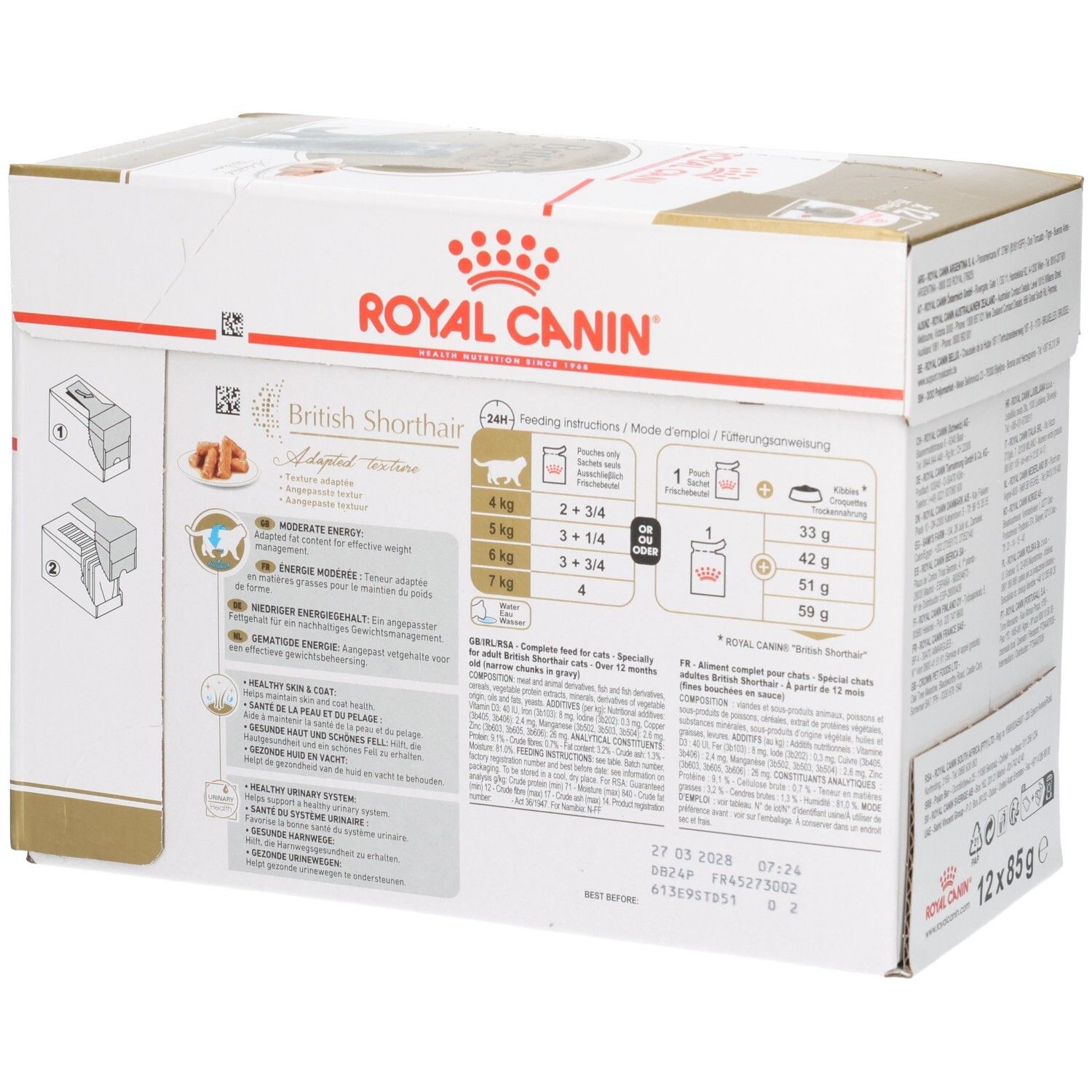 Zijaanzicht van de Royal Canin British Shorthair Adult kattenvoerdoos met voedingsinformatie.