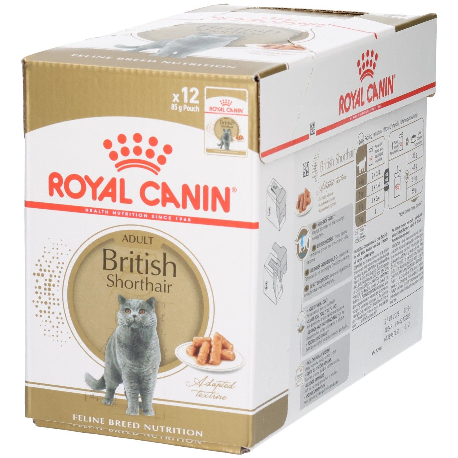 Vooraanzicht van de Royal Canin British Shorthair Adult kattenvoerdoos met kattenafbeelding.