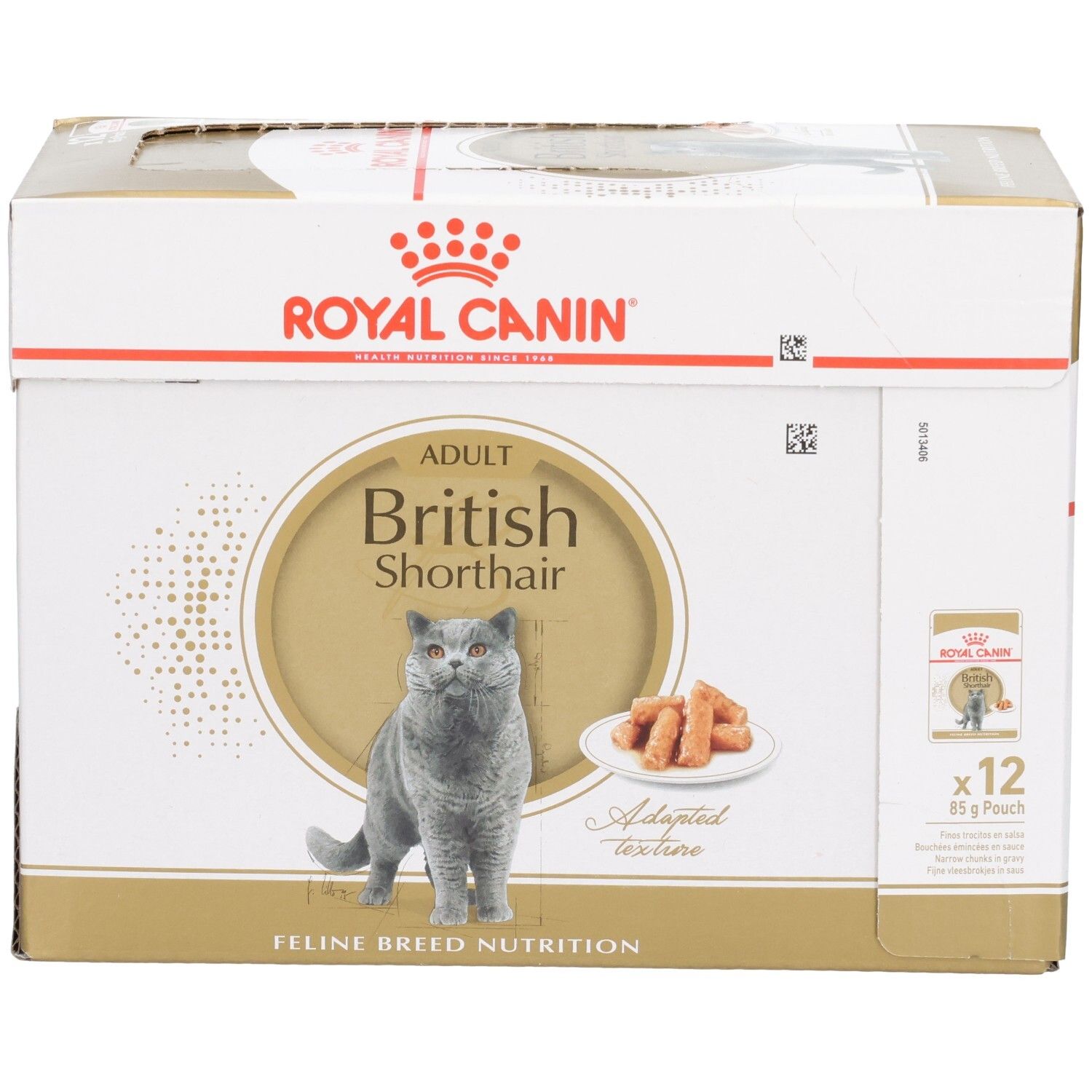 Royal Canin British Shorthair Adult kattenvoerdoos, 12x85g zakjes, vooraanzicht.
