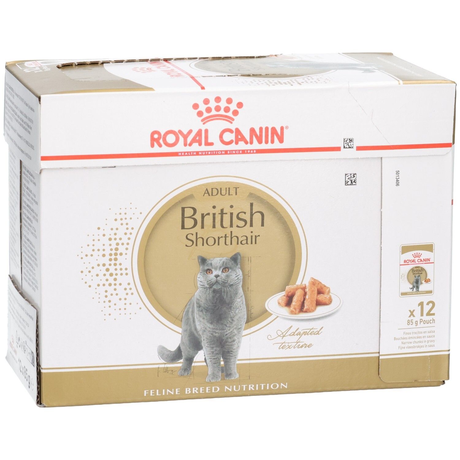 Gedetailleerd aanzicht van de Royal Canin British Shorthair Adult kattenvoerdoos, 12x85g zakjes.