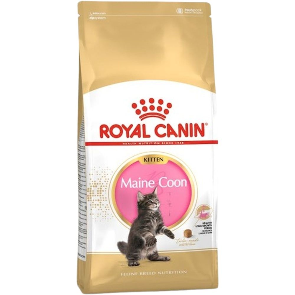 Royal Canin Maine Coon Kitten voer, 10kg zak met kattenafbeelding en productinformatie.