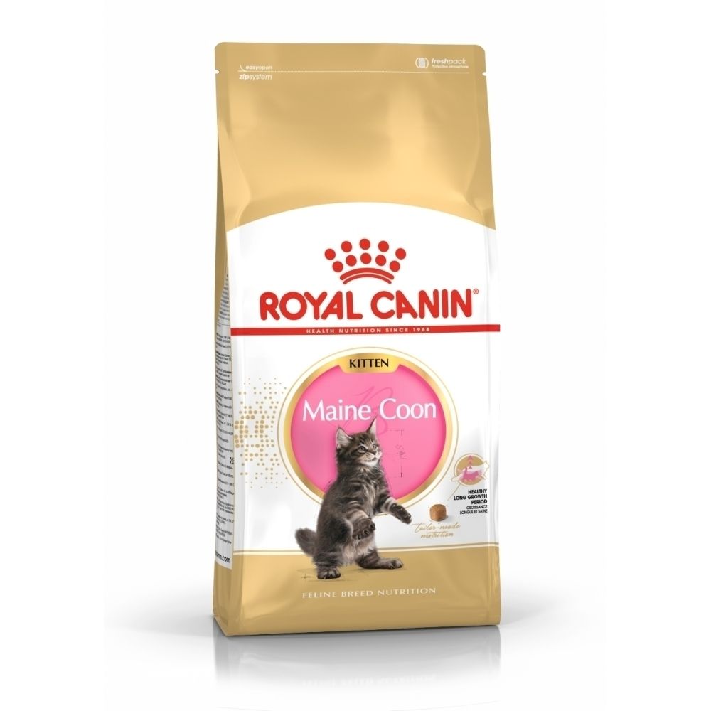 Sac de nourriture pour chatons Royal Canin Maine Coon avec image de chaton.