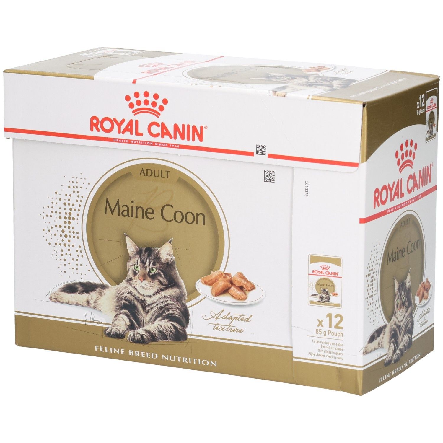 Boîte de nourriture Royal Canin Maine Coon, 12 sachets de 85g, avec image de chat et croquettes.