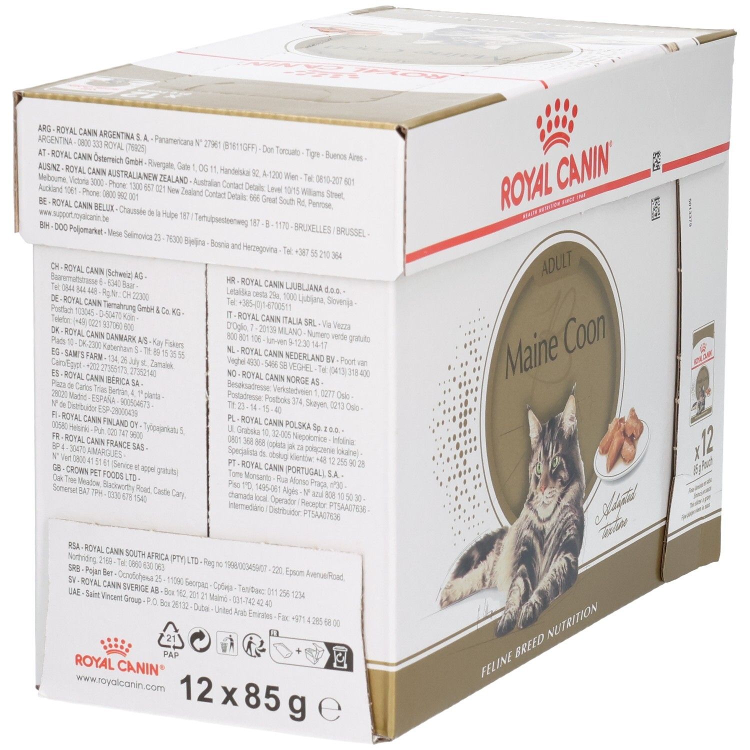 Arrière de la boîte de nourriture Royal Canin Maine Coon avec liste d'adresses et symboles de recyclage.