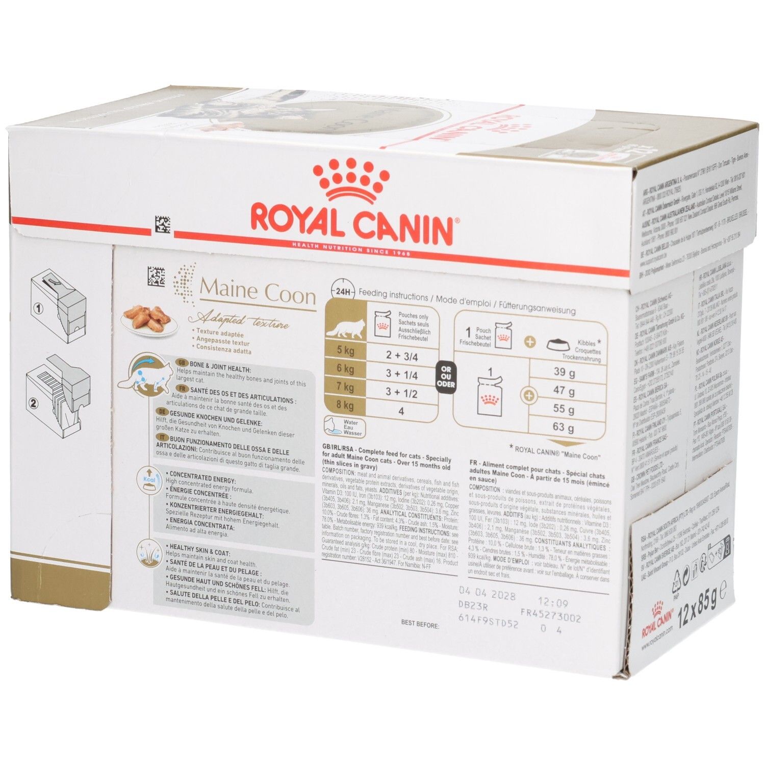 Vue latérale de la boîte de nourriture Royal Canin Maine Coon avec instructions de nourrissage et informations produit.