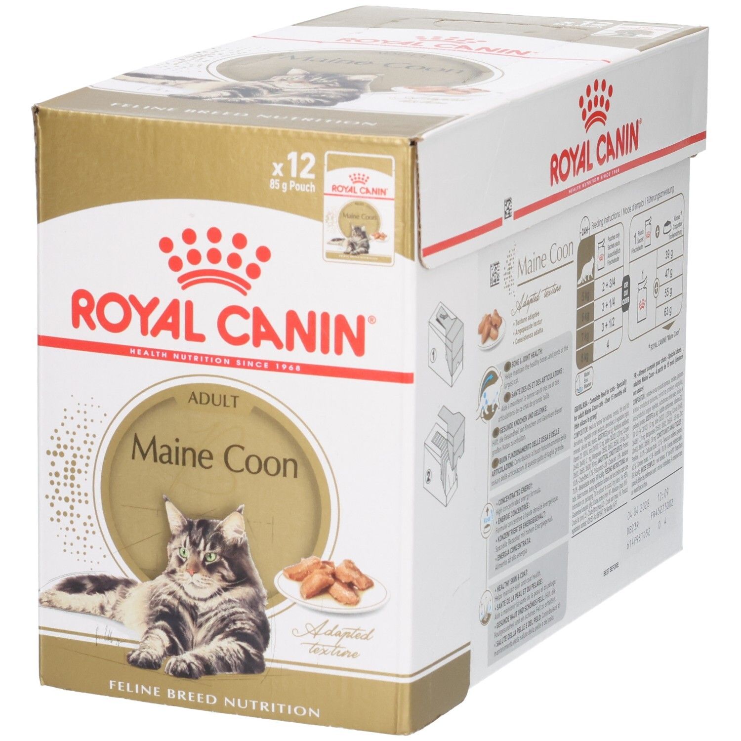 Boîte de nourriture Royal Canin Maine Coon, 12 sachets de 85g, face avant avec image de chat et nom du produit.