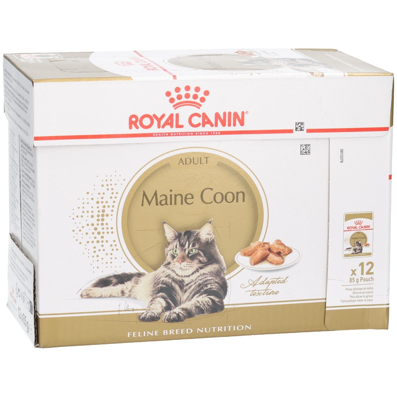 Boîte de nourriture Royal Canin Maine Coon, 12 sachets de 85g, avec image de chat et croquettes.