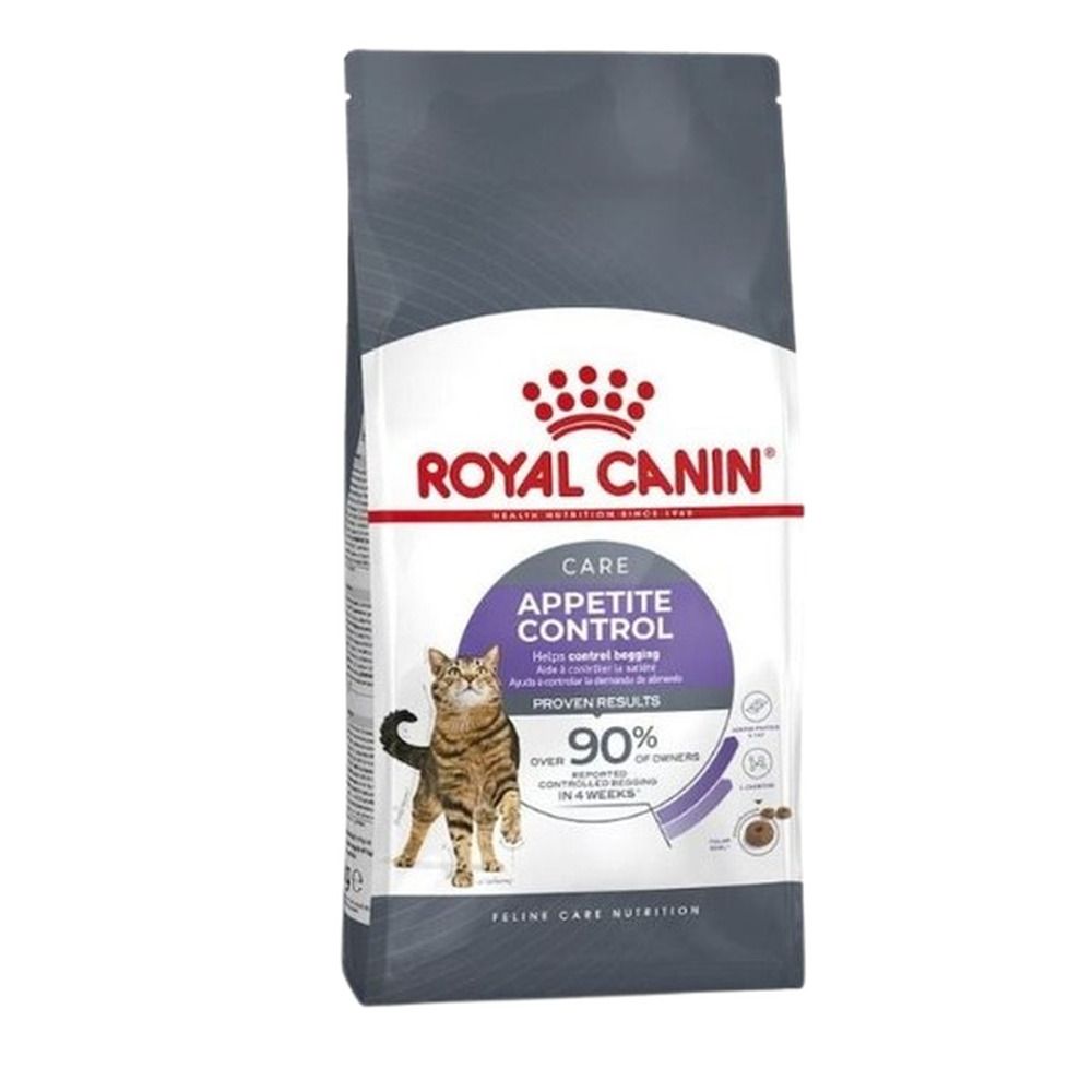 Royal Canin Appetite Control kattenvoer, 10kg zak. Vooraanzicht met kat en productinformatie.