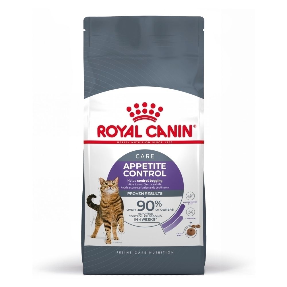 Sac de nourriture pour chats Royal Canin Appetite Control avec chat et informations produit.
