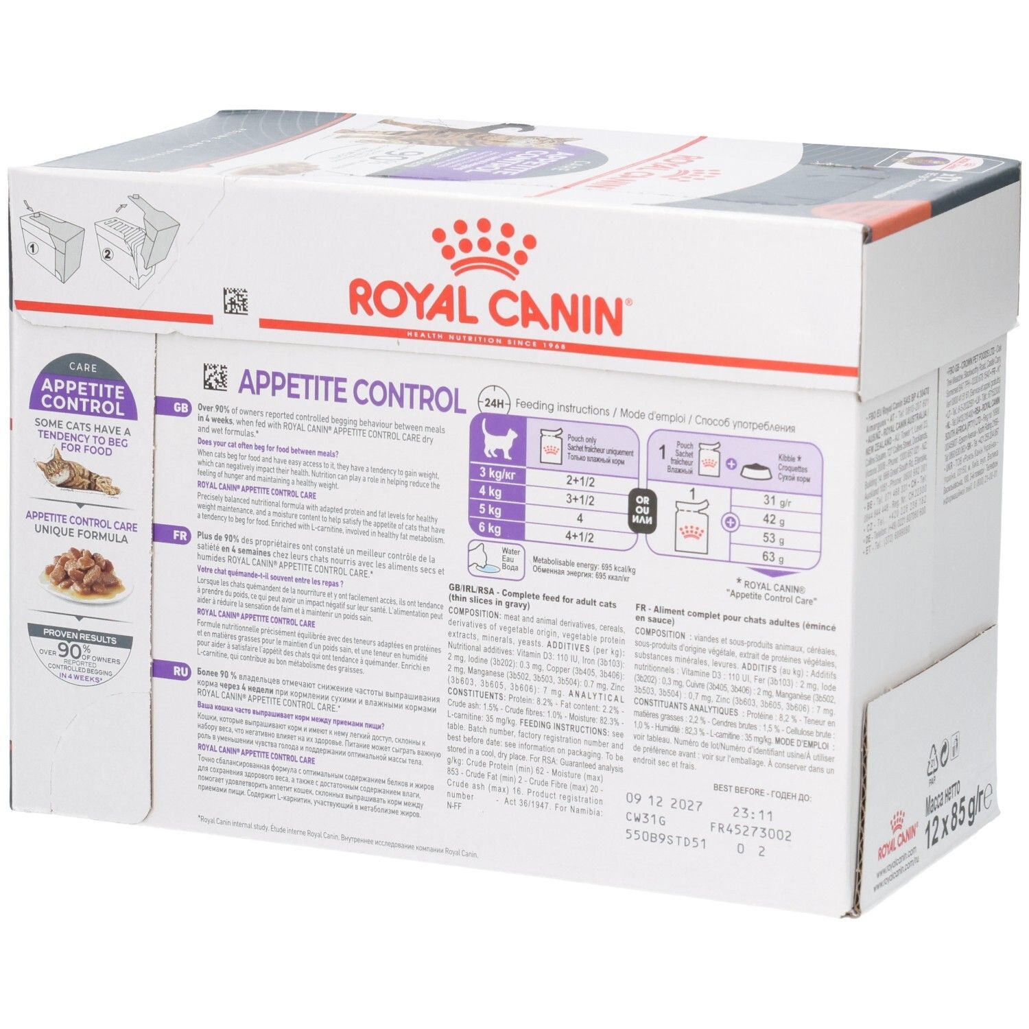 Vue latérale d'une boîte de nourriture Royal Canin Appetite Control pour chats avec tableau d'alimentation et infos produit.