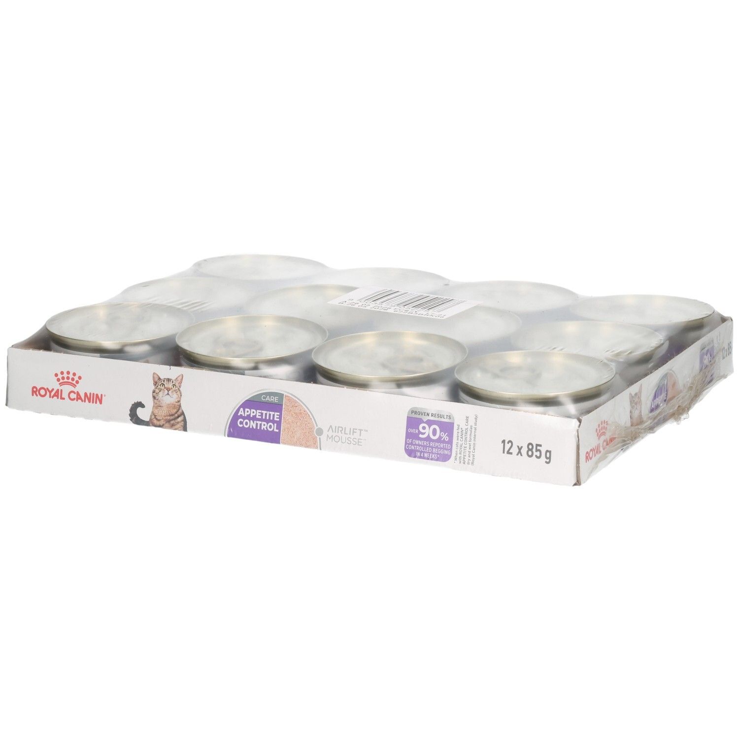 Twaalf blikjes Royal Canin FCN Appetite Control Mousse in karton.