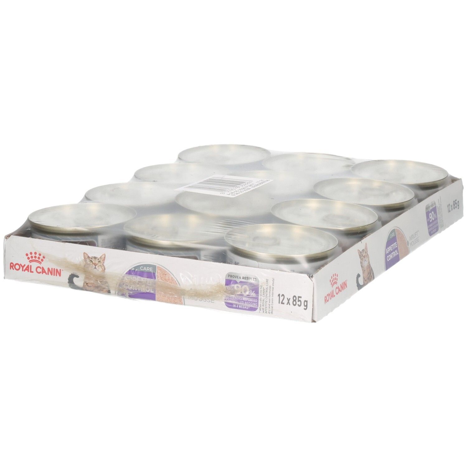 Twaalf blikjes Royal Canin FCN Appetite Control Mousse in karton.