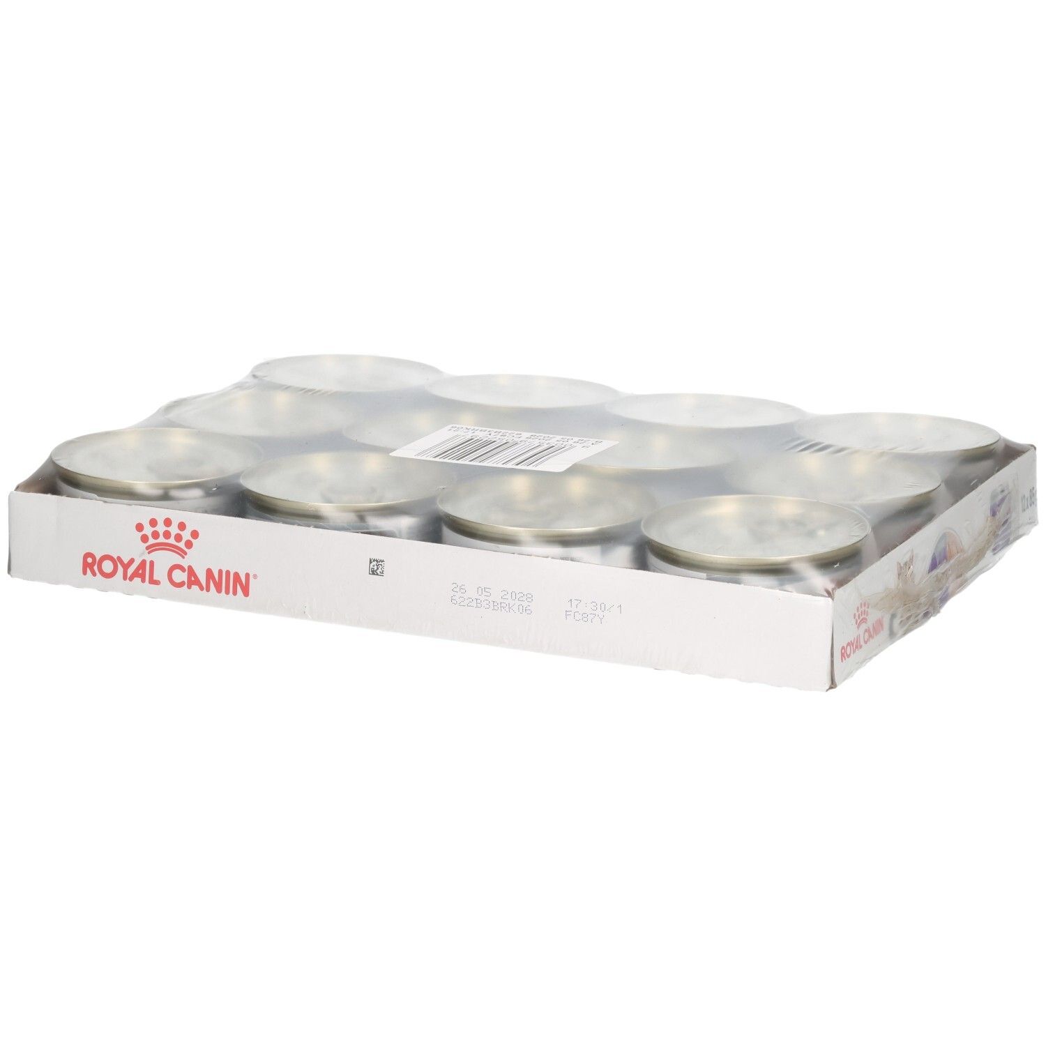 Twaalf blikjes Royal Canin FCN Appetite Control Mousse in karton.