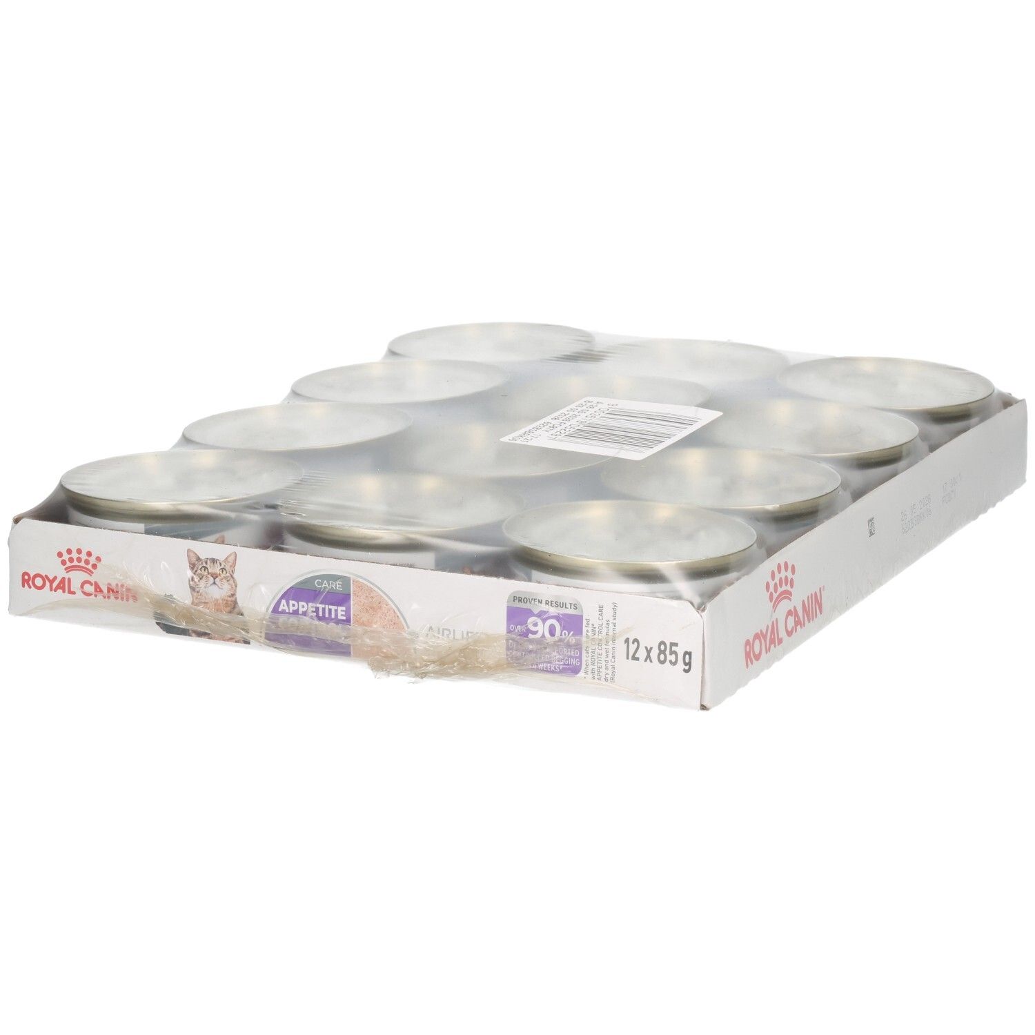 Twaalf blikjes Royal Canin FCN Appetite Control Mousse in karton.