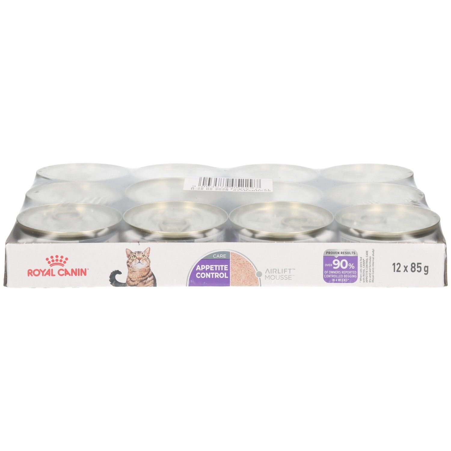 Twaalf blikjes Royal Canin FCN Appetite Control Mousse in karton.