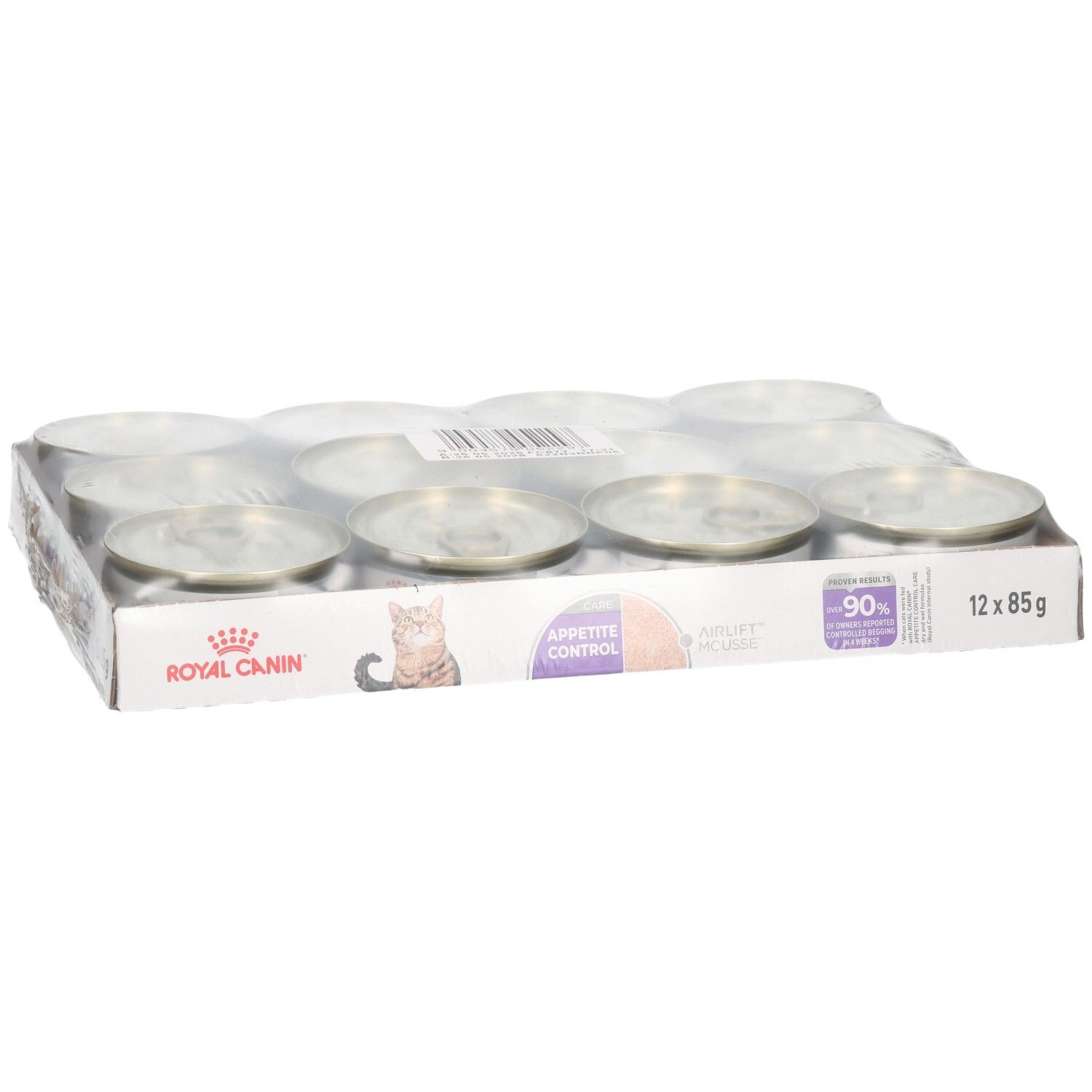 Twaalf blikjes Royal Canin FCN Appetite Control Mousse in karton.