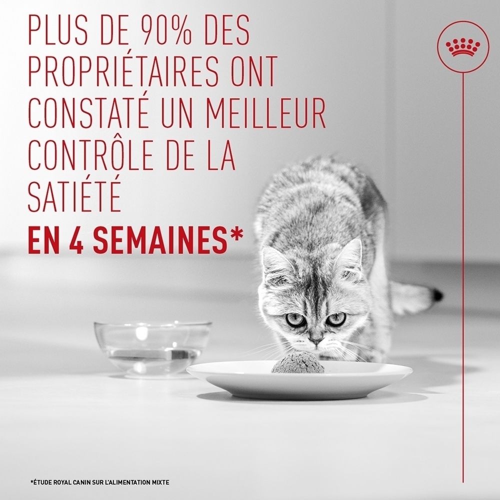 Un chat mange dans une écuelle. Une écuelle d'eau est à côté. Texte : Plus de 90% des propriétaires ont constaté un meilleur contrôle de la satiété en 4 semaines.