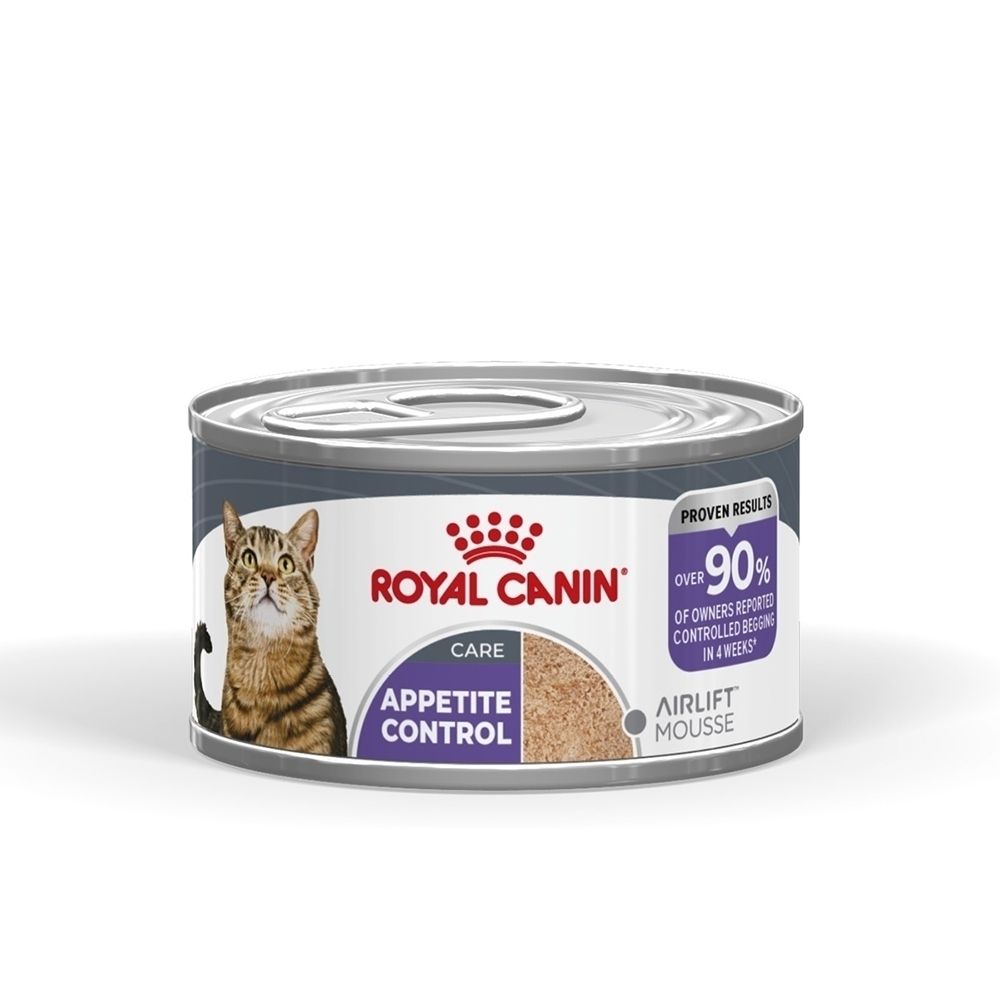 Boîte de nourriture pour chat Royal Canin Appetite Control avec image de chat et texte 'Appetite Control'.