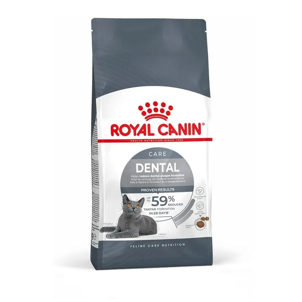 Royal Canin Dental Care kattenvoer verpakking met informatie over tandverzorging en een kattenafbeelding.