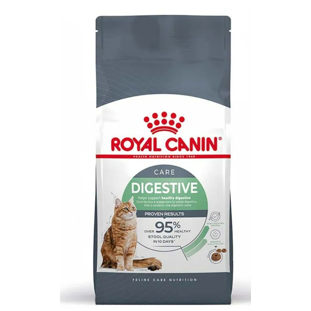 Royal Canin Feline Care Digestive Care voerzak met kat en productinformatie.