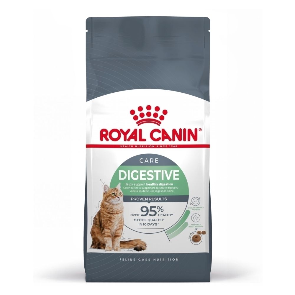 Royal Canin Digestive Care kattenvoer zak met afbeelding van kat en tekst over spijsverteringsondersteuning.