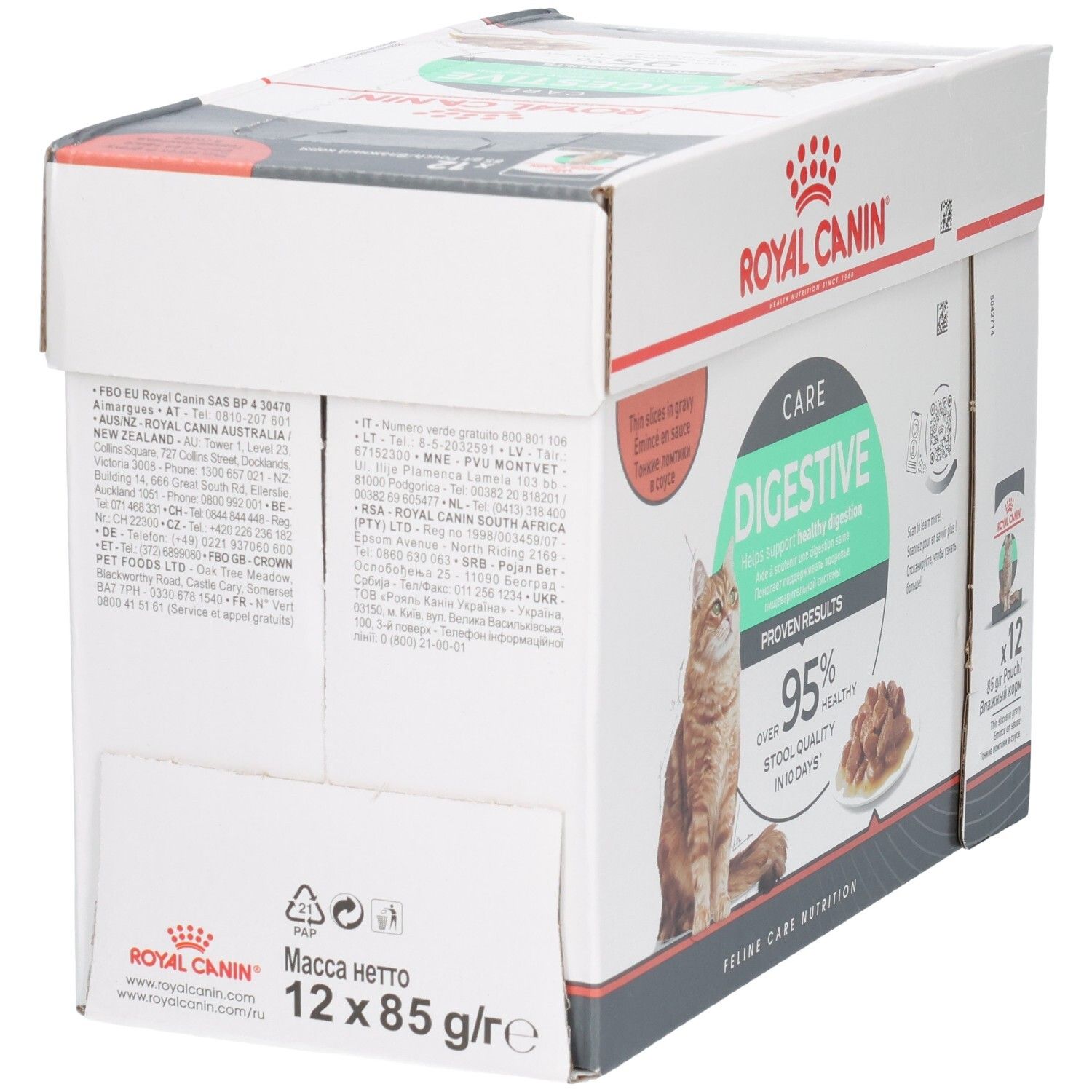 Arrière du multipack Royal Canin Feline Digestive Care avec informations produit et ingrédients.