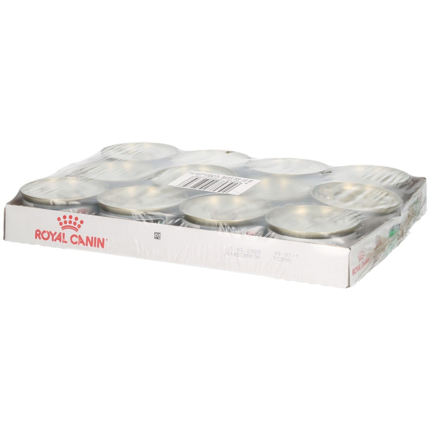 Douze boîtes de mousse Royal Canin Digestive Care en carton.